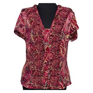 Coldwater Creek Silk Blouse Large Red Ruffle Paisley‎ Short Sleeve Dark Romance